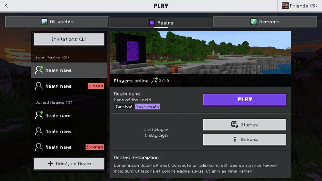 Minecraft realms UI