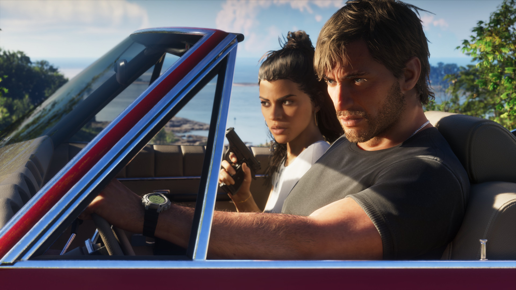 GTA VI: Lucia and Jason sitting in a car